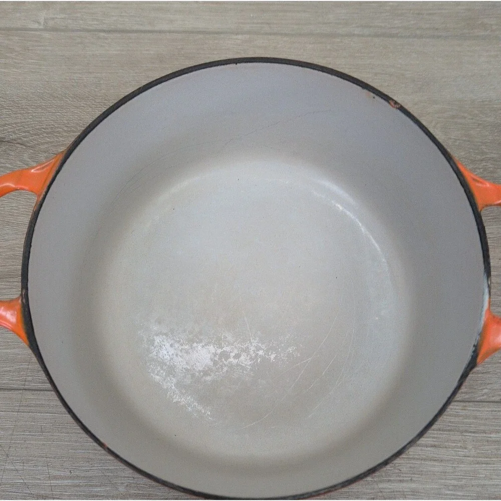 Vintage Le Creuset Enameled Cast Iron 2 Qt Pot Flame Orange Ribbed Bottom & Lid